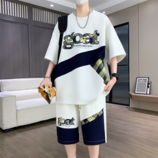港风套装男休闲宽松冰丝青年圆领短袖T恤短裤两件套-JZ503-P51，男装牛仔裤，星座310B