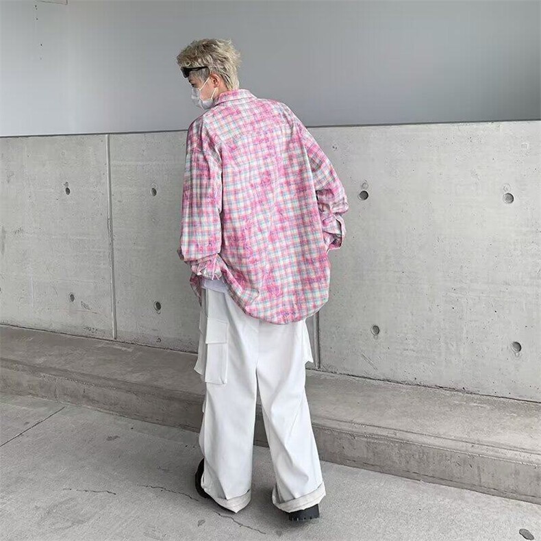 美式撞色炒色工艺格子长袖衬衫男女宽松休闲百搭衬衣CY972-P39,男装衬衫,星座412-3