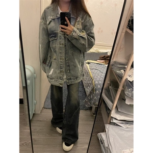【有货】美式复古泼墨涂鸦破洞牛仔外套男女工装夹克J61HH-特P72图片