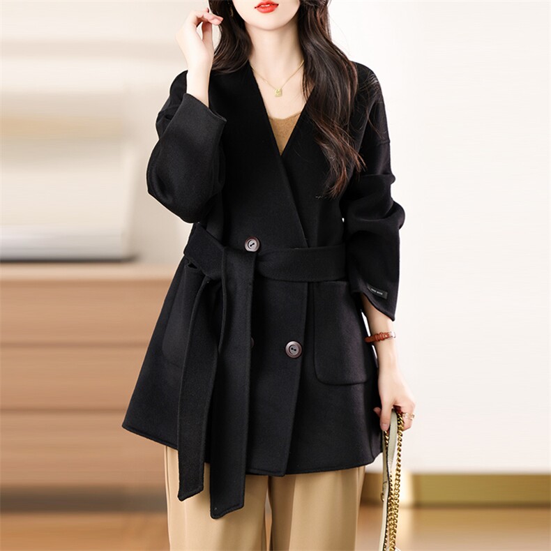 2024年秋冬新款双面羊绒大衣女V领100羊毛宽松加厚系带毛呢外套，女装双面呢大衣，众策羊绒