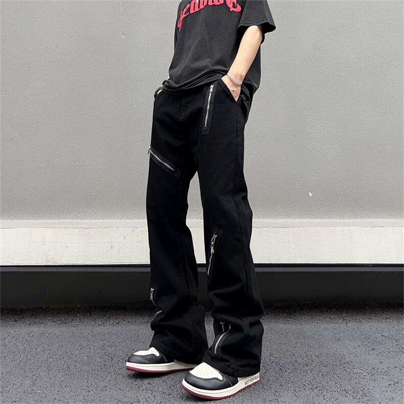 暗黑宽松微喇叭黑色牛仔裤多拉链设计感男女裤子N09037-P45,男装牛仔裤,星座308B-1