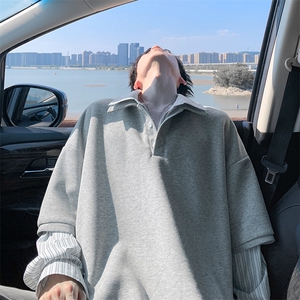 特批P58无差价秋季华棉420g重磅拼接假两件Polo领大码卫衣男W5418图片
