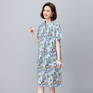 碎花连衣裙2025新款夏季纯棉超火宽松显瘦直筒裙中年妈妈休闲裙子图片