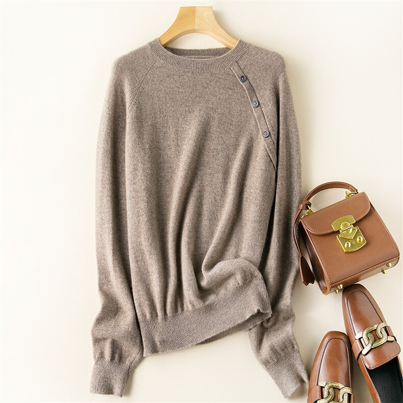 优雅气质斜扣设计羊绒衫显瘦百搭时尚单品,女装羊绒衫,三莲羊绒