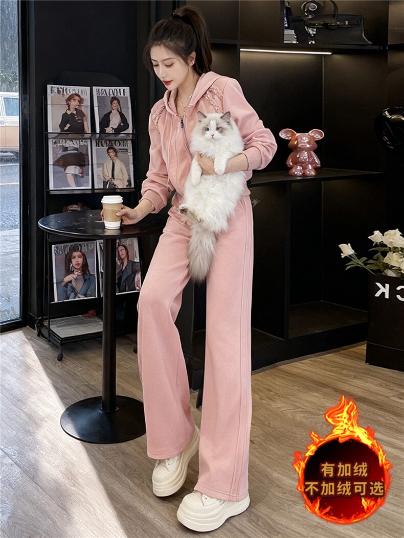 时尚休闲运动套装女秋冬新款宽松显瘦连帽开衫卫衣阔腿长裤两件套,女装套装/套裙,江南