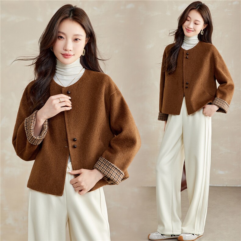 时尚格纹撞色双面羊毛大衣女2025秋冬新款洋气减龄超好看毛呢外套，女装双面呢大衣，拾衣