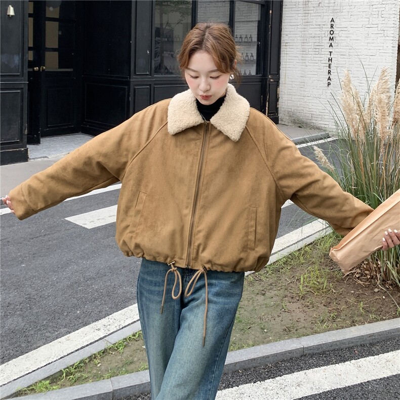 驼色羊羔毛领夹棉麂皮绒外套女2025冬季新款时尚洋气宽松加厚上衣,女装短外套,2C129