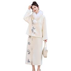 芷墨2025年冬季新款绣花新中式双面呢外套加半身裙两件套装裙，女装套装/套裙，芷墨服饰