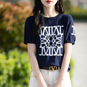100%纯棉针织短袖女夏季薄款圆领拼色打底衫上衣宽松半袖T恤套头图片