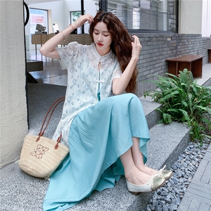 蕾丝罩衫旗袍新中式国风连衣裙套装女夏流行绝美爆款两件套清冷系图片