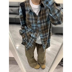 新款美式复古格子衬衫男长袖潮牌男女慵懒衬衣外套春秋L30199-p37图片