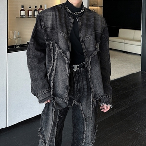 美式高街小众重工做旧流苏垫肩牛仔夹克男春秋毛边微喇牛仔裤套装图片