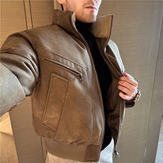 秋冬麂皮绒保暖加厚棉衣男士短款立领面包服咖啡色M25061-P247，男装棉衣，电商A213