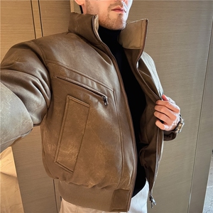 秋冬麂皮绒保暖加厚棉衣男士短款立领面包服咖啡色M25061-P247图片