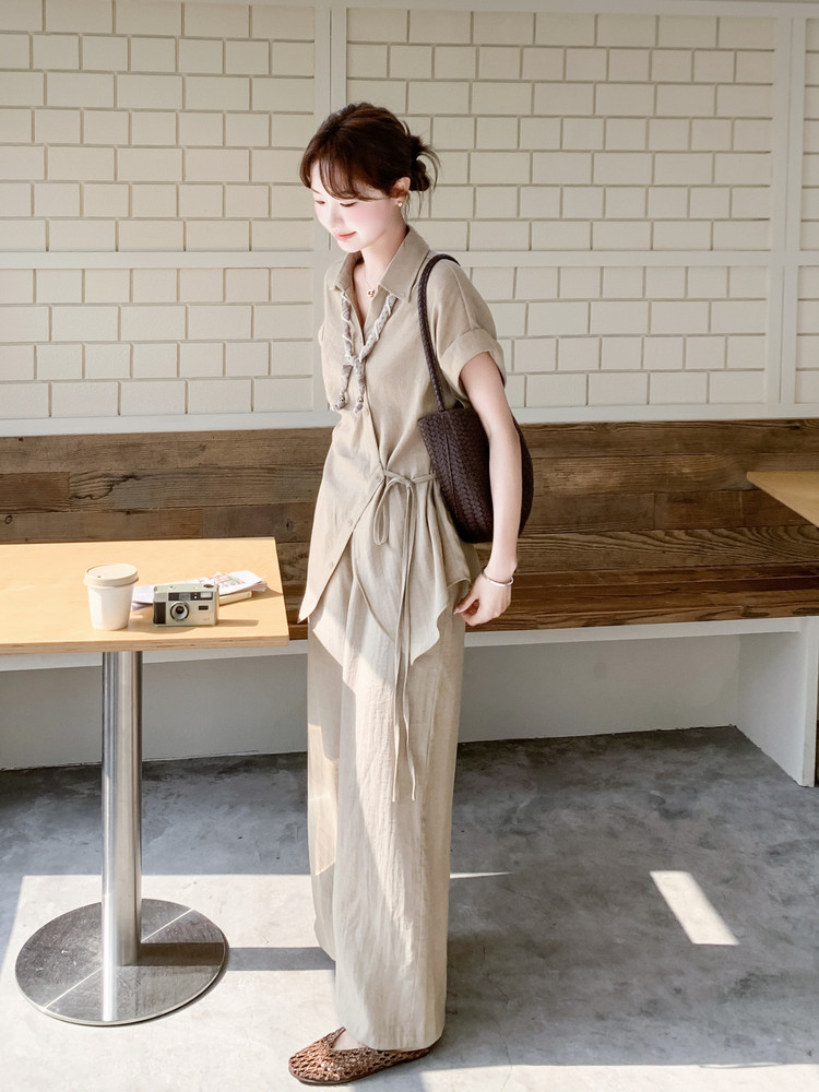 2026夏季法式亚麻短袖不规则系带衬衫阔腿裤套装女休闲两件套套裤,女装套装/套裙,霓裳依族