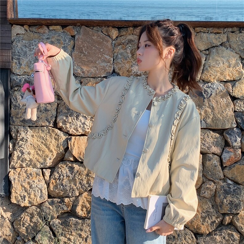 【新品】【有货】2026春季米黄色花边皮衣C5802P165K268,女装皮衣,2D113