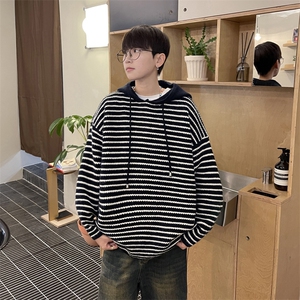 条纹连帽毛衣男生秋冬季加厚叠穿内搭线衣休闲潮牌宽松针织衫外套图片