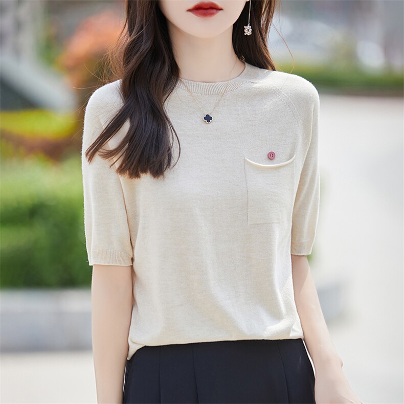一线成衣精纺针织短袖T恤女圆领后背纽扣开叉宽松上衣显瘦打底衫,女装T恤,暖烁羊绒