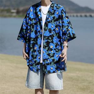 8XL-M 冰丝凉感衬衣垂感透气复古花纹宽松男五分袖短袖衬衫CS526图片