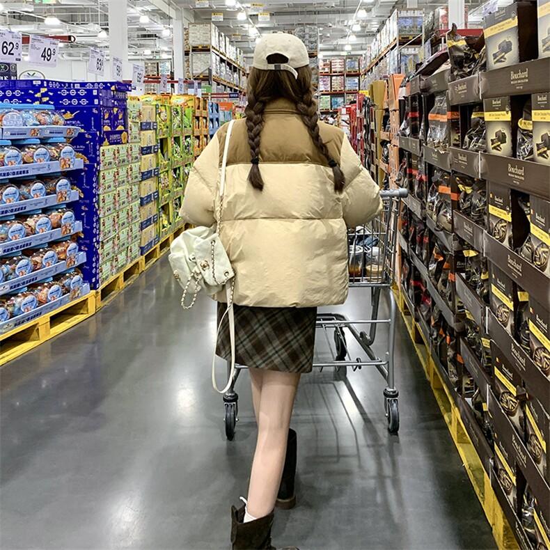 高级感撞色短款泡芙羽绒服女冬2024新款超好看白鸭绒面包服厚外套,女装羽绒服,2C372