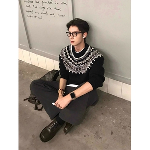 高质量美式复古费尔岛毛衣男秋季提花圆领针织衫内搭打底衫图片