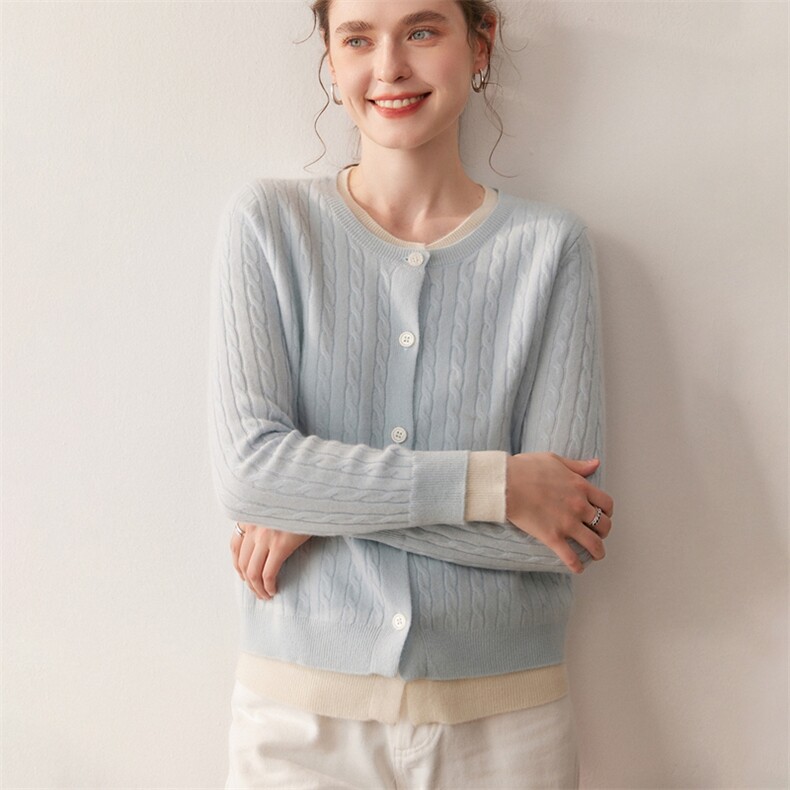 2025百搭时尚简约假两件麻花开衫，女装针织衫/毛衣，朵沐纯羊绒