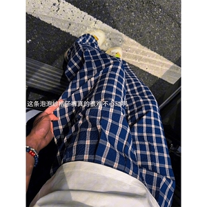 美式高街潮牌男女泡泡格子休闲裤直筒宽松慵懒显瘦阔腿休闲长裤子图片