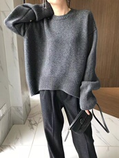 重磅加厚圆领女宽松显瘦慵懒风百搭针织衫打底毛衣，女装针织衫/毛衣，半城羊绒