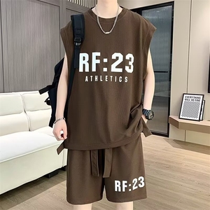 潮牌大码运动套装男夏季一套休闲篮球服搭配坎肩背心短裤两件套潮图片