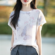 圆领冰丝晕染针织小飞袖T恤女2025夏季新款轻薄凉感透气百搭小衫，女装T恤，大美人高端店