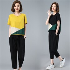 2022夏季新款气质圆领时尚T恤套装宽松显瘦两件套，女装套装/套裙，深水步