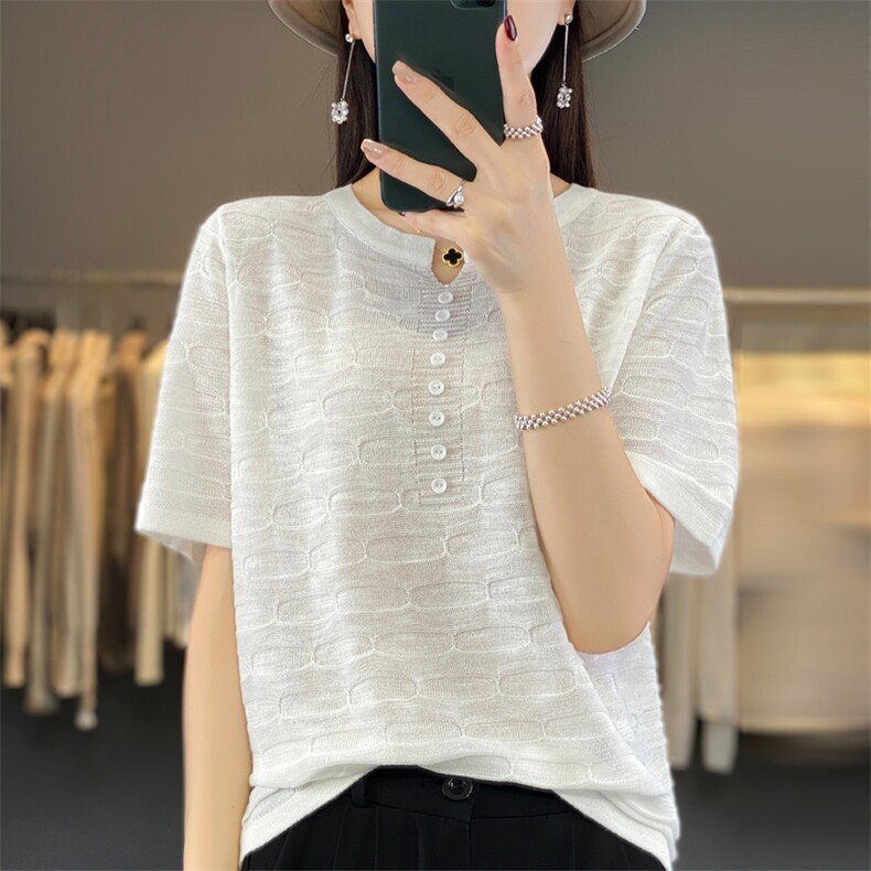 23夏季薄款竹节麻V领针织短袖女百搭纯色套头T恤宽松显瘦半袖上衣,针织衫/毛衣,大美人包芯纱店
