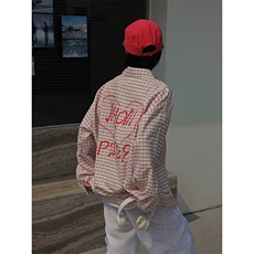 潮牌粉色格子POLO领防晒衬衫女春夏开衫显瘦百搭衬衣CY1165-P43，男装防晒衣，星座412-2