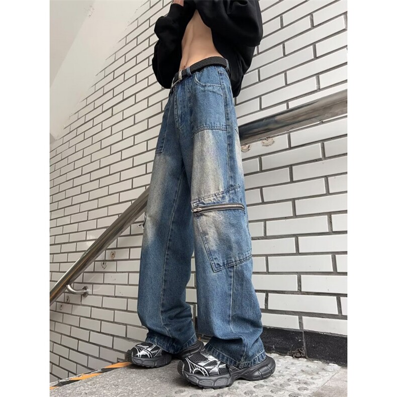 美式工装牛仔裤男拉链口袋黄泥染宽松直筒痞帅阔腿裤XN806-P52,男装牛仔裤,星座1001-1