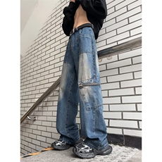 美式工装牛仔裤男拉链口袋黄泥染宽松直筒痞帅阔腿裤XN806-P52，男装牛仔裤，星座1001-1