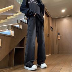 特批P45无差价2024秋美式ins高街水洗磨白猫须折皱宽松直筒牛仔裤，男装牛仔裤，星座1013-6