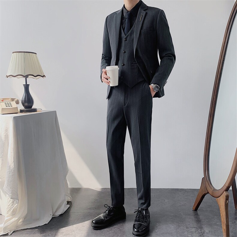 男士竖条纹西服套装韩版修身西装三件套英伦潮流新郎结婚礼服,男装休闲套装,星座1012