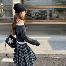 韩版露肩长袖T恤套装裙女2025春秋季新款不规则格纹半身裙两件套，女装套装/套裙，2C291