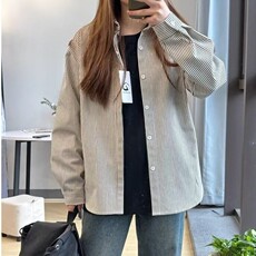 复古条纹长袖衬衣高品质衬衫男女同款运动休闲打底衫外套TW01p40，女装衬衫，电商D256-2(原A064-2)