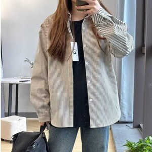 复古条纹长袖衬衣高品质衬衫男女同款运动休闲打底衫外套TW01p40图片