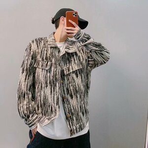春季潮衬衫男炸街情侣装帅气蓝白破坏抓痕宽松牛仔夹克外套男女图片