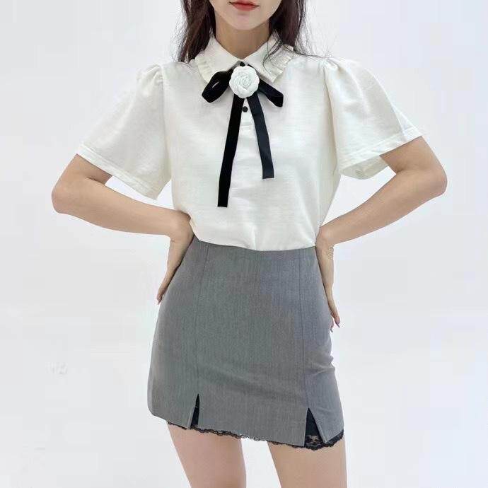 灰色蕾丝蝴蝶结半裙，女装半身裙，HE