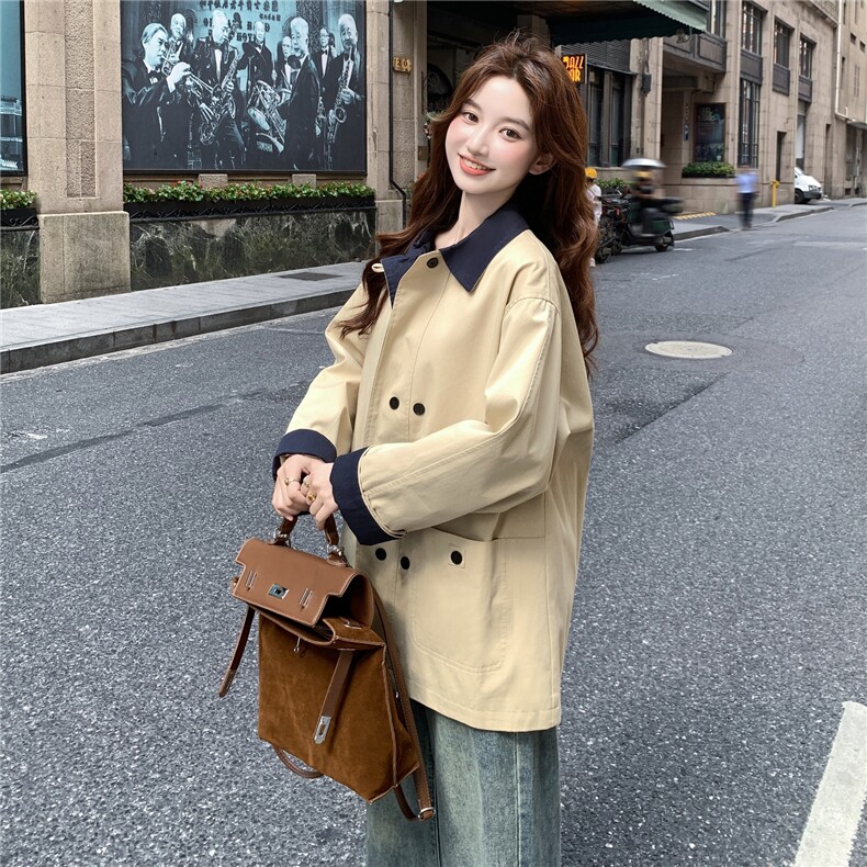撞色翻领风衣外套女2025秋新款韩系高级感小个子宽松显瘦百搭大衣,女装风衣,2D145