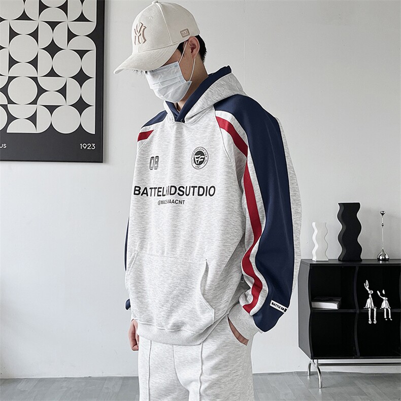 秋款男连帽卫衣美式条纹撞色字母印花宽松夹克外套WY34P45,男装夹克,星座1013-1