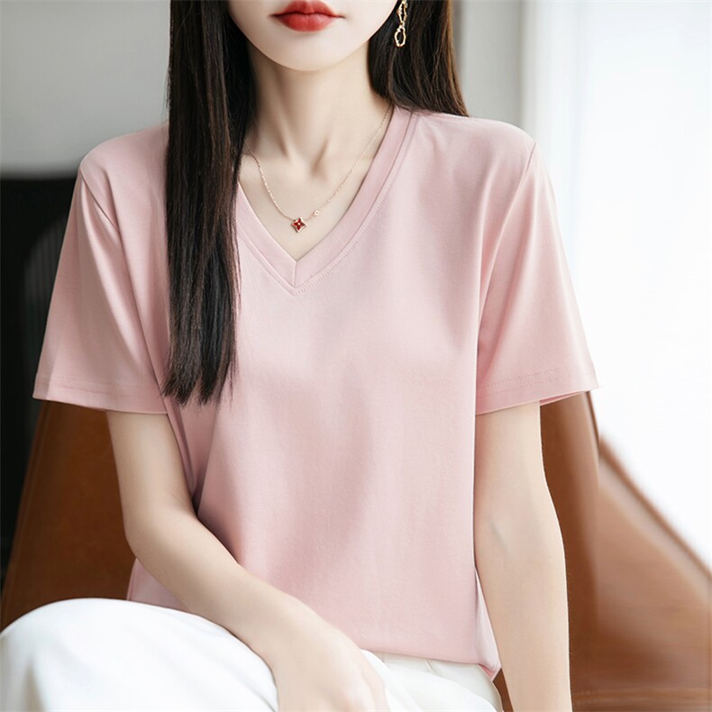 短袖t恤女冰爽棉纯色上衣T恤2025夏季新款V领宽松体恤女,女装T恤,羊秋羊绒