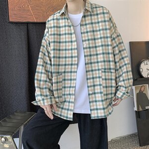 21秋冬 韩版衬衫男潮流格子衬衣港风帅气长袖外套中性 H211/P45图片