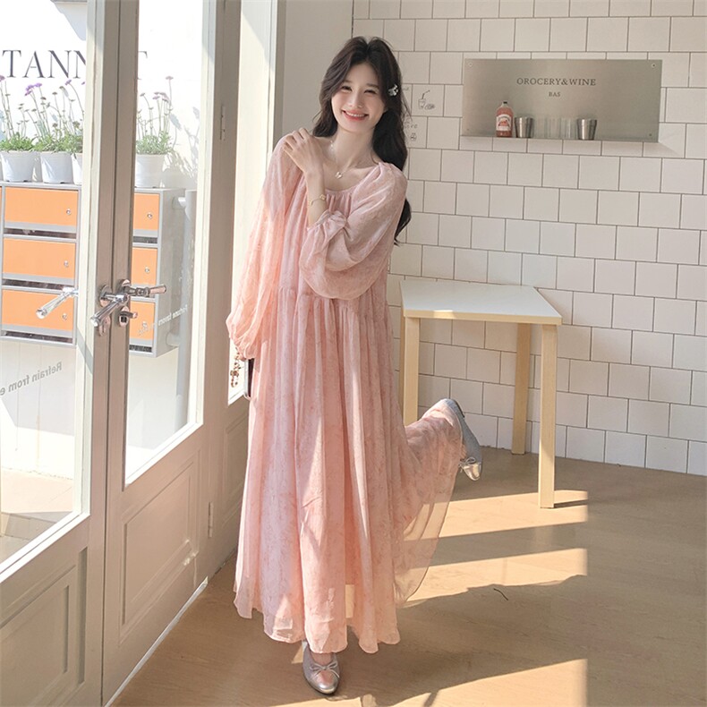 粉色韩版温柔风碎花连衣裙女2025年春季新款宽松显瘦印花气质长裙，女装连衣裙，灵力轩