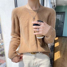 重工100%圆领立体扭花羊绒衫女秋冬加厚软糯慵懒宽松针织打底上衣，女装羊毛衫，百越羊绒