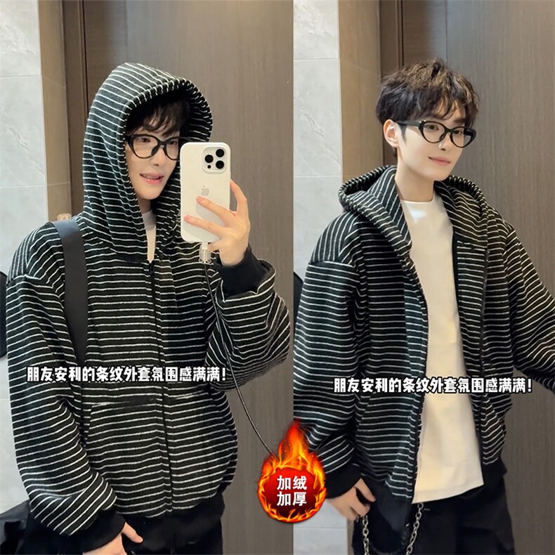 加绒条纹连帽卫衣美式复古开衫短款外套男女 5D1202-TP65118图片