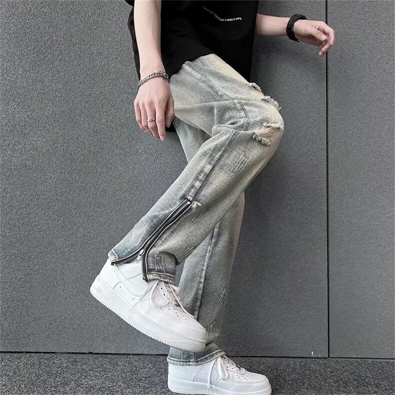 牛仔裤男破洞潮ins高街做旧复古裤子痞帅侧边拉链开叉NH8082-P45图片